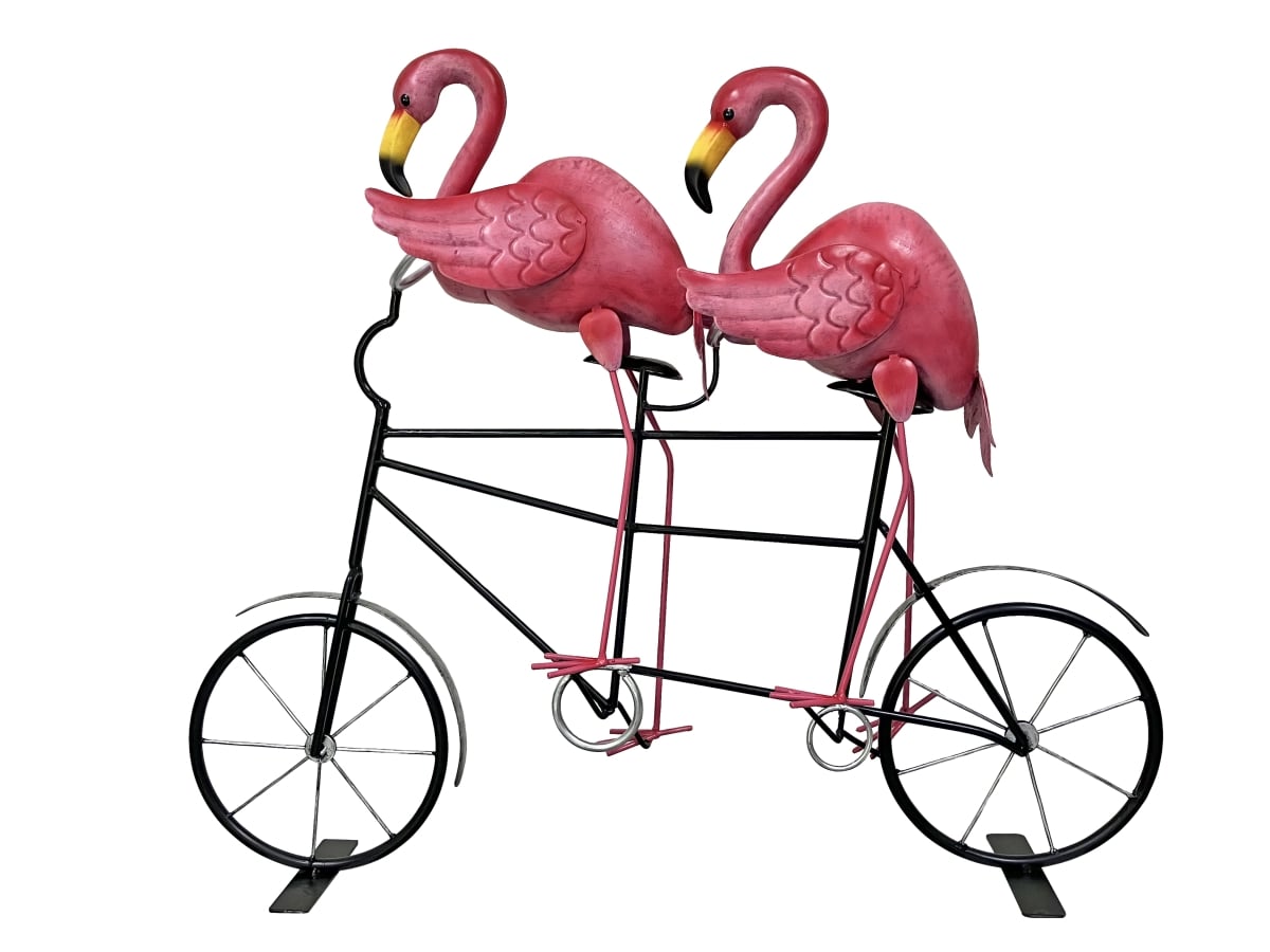 Tandem Flamingos Bicycle Statue - Pink - Medium - Durable Metal