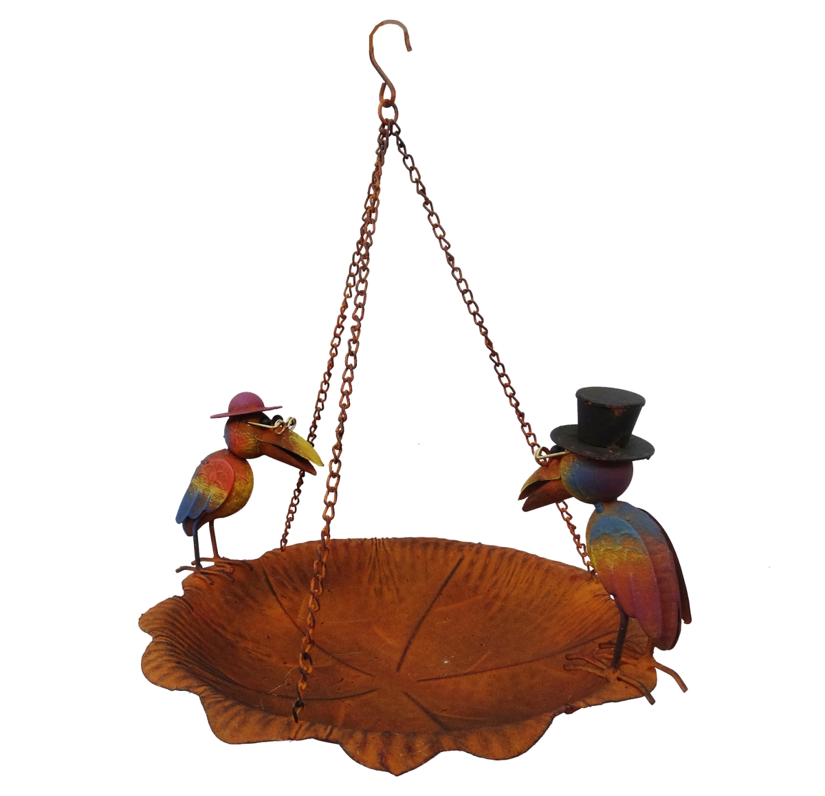 172481 Rustic Hanging Bird Feeder with Crow Decorations, Metal Bird Bath Outdoor Garden Decor Yard Art