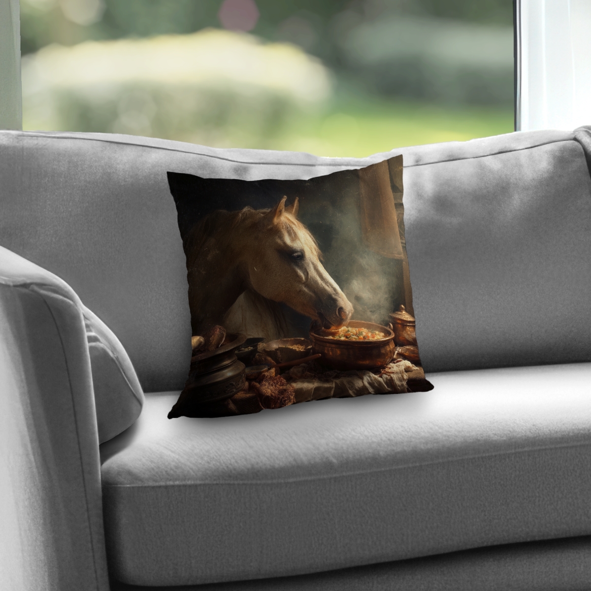 Concius Sales C1PC14147GH2K3 14 x 14 in. Horse on Soup Poly Twill Throw - Stylish Home Decor - Insert NOT included