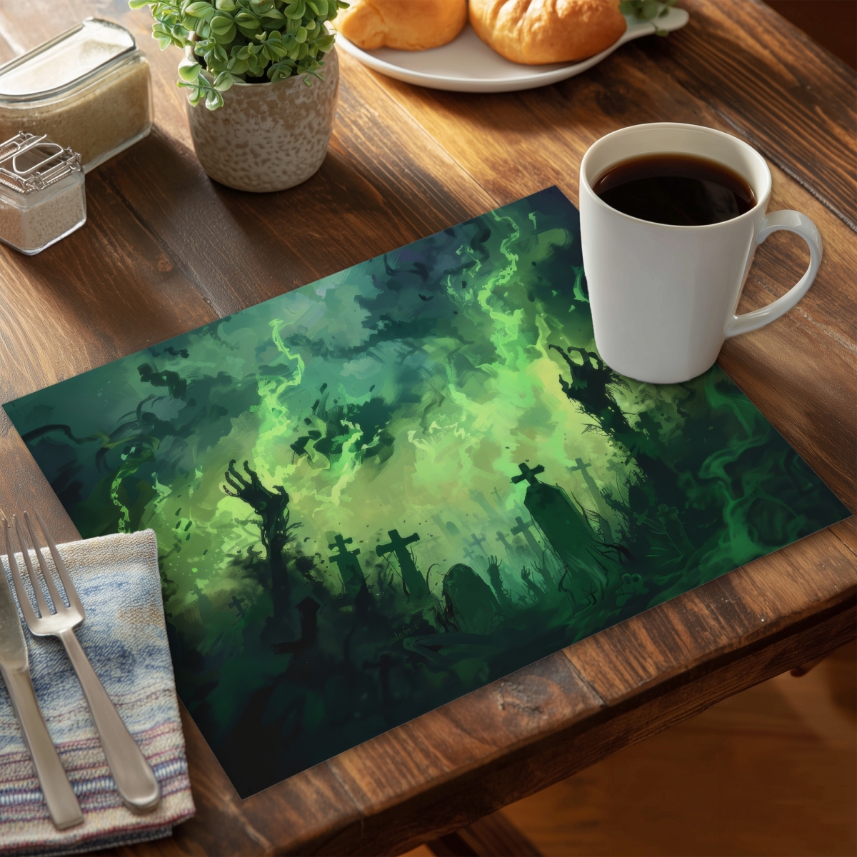 Picture of MWW CPPM1418RSYDSQ 14 x 18 in. Reaching Hell Black Polyester Placemat for Home Decor