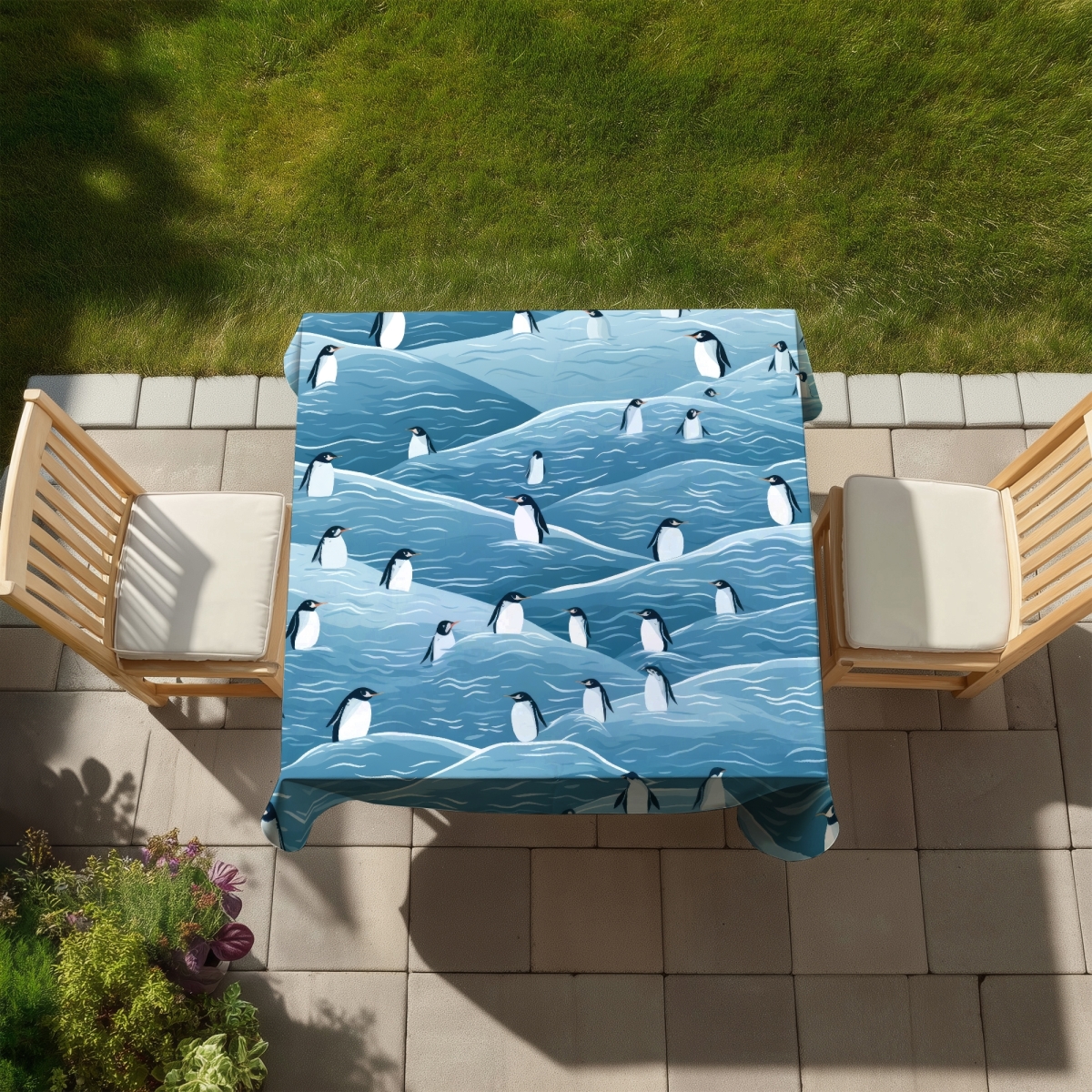 Picture of MWW C1TC5858Q6FML0 58 x 58 in. Penguins Wandering Turquoise Tablecloth for Home Decor - Indoor Outdoor