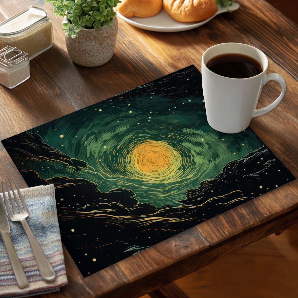 Picture of MWW CPPM141874WQQD 14 x 18 in. Turmoil in Space - Black Polyester Placemat for Home Decor