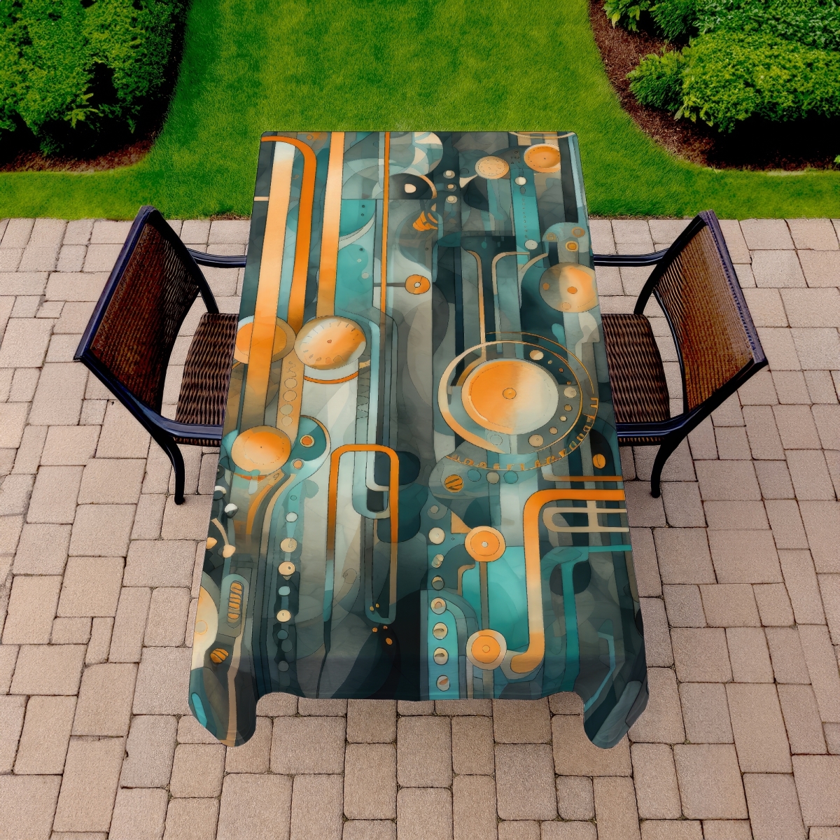 Picture of Conscious Sales C1TCLRGEFARPSR 58 x 102 in. Astrological Machinery Turquoise Tablecloth - Indoor & Outdoor