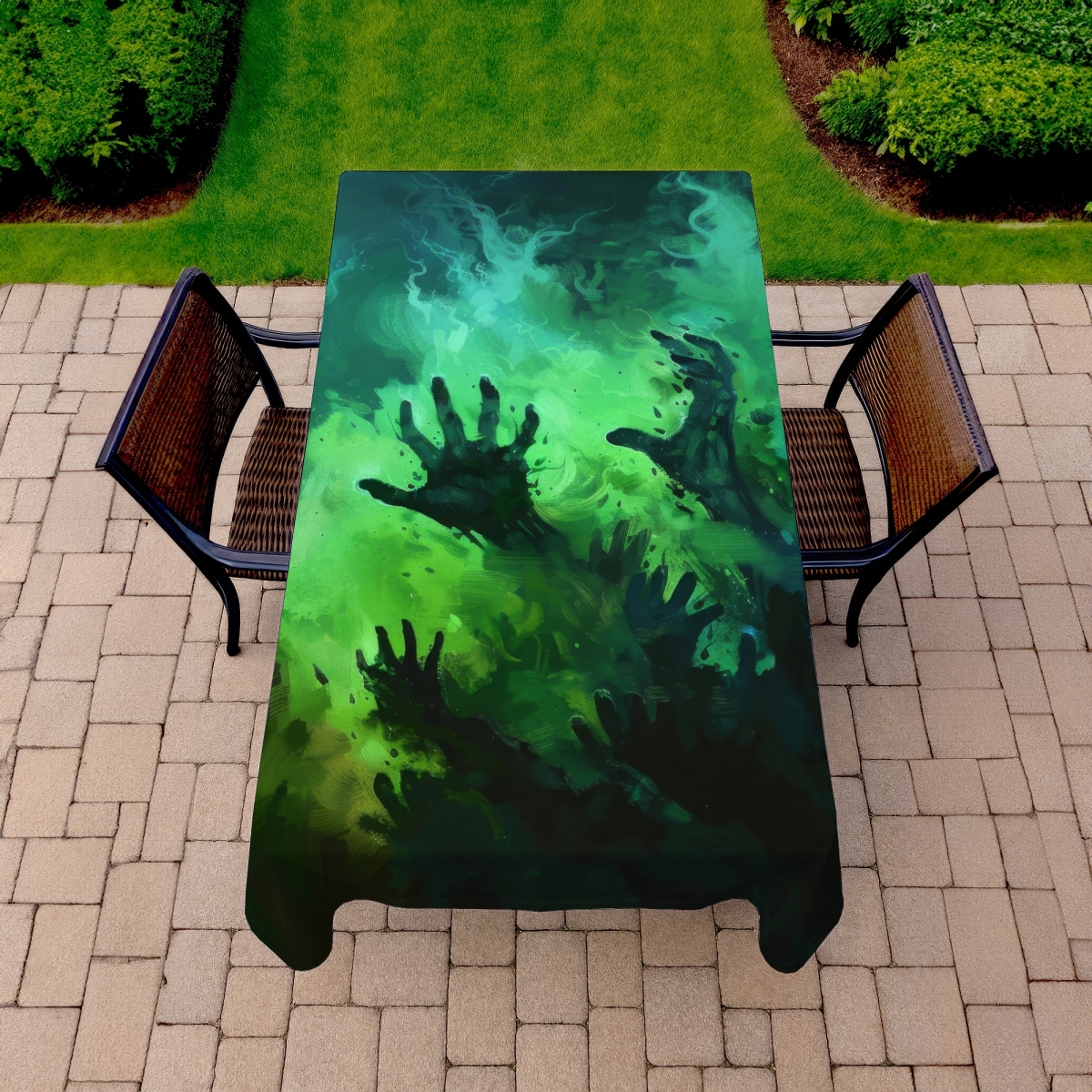 Picture of Conscious Sales C1TCLRGERA37E8 58 x 102 in. Hands of Despair - Turquoise Indoor & Outdoor Tablecloth