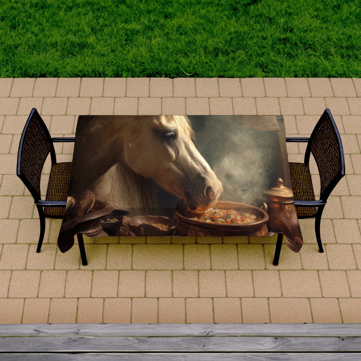 Picture of MWW C1TCLRGE4Q5LW7 58 x 102 in. Horse On Soup - Brown Indoor & Outdoor Tablecloth for Home Decor