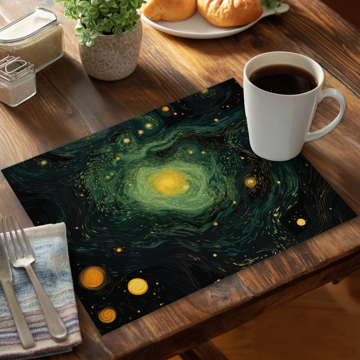 Picture of MWW CPPM14186SF9S2 14 x 18 in. Illuminated in Space - Black Polyester Placemat for Home Decor