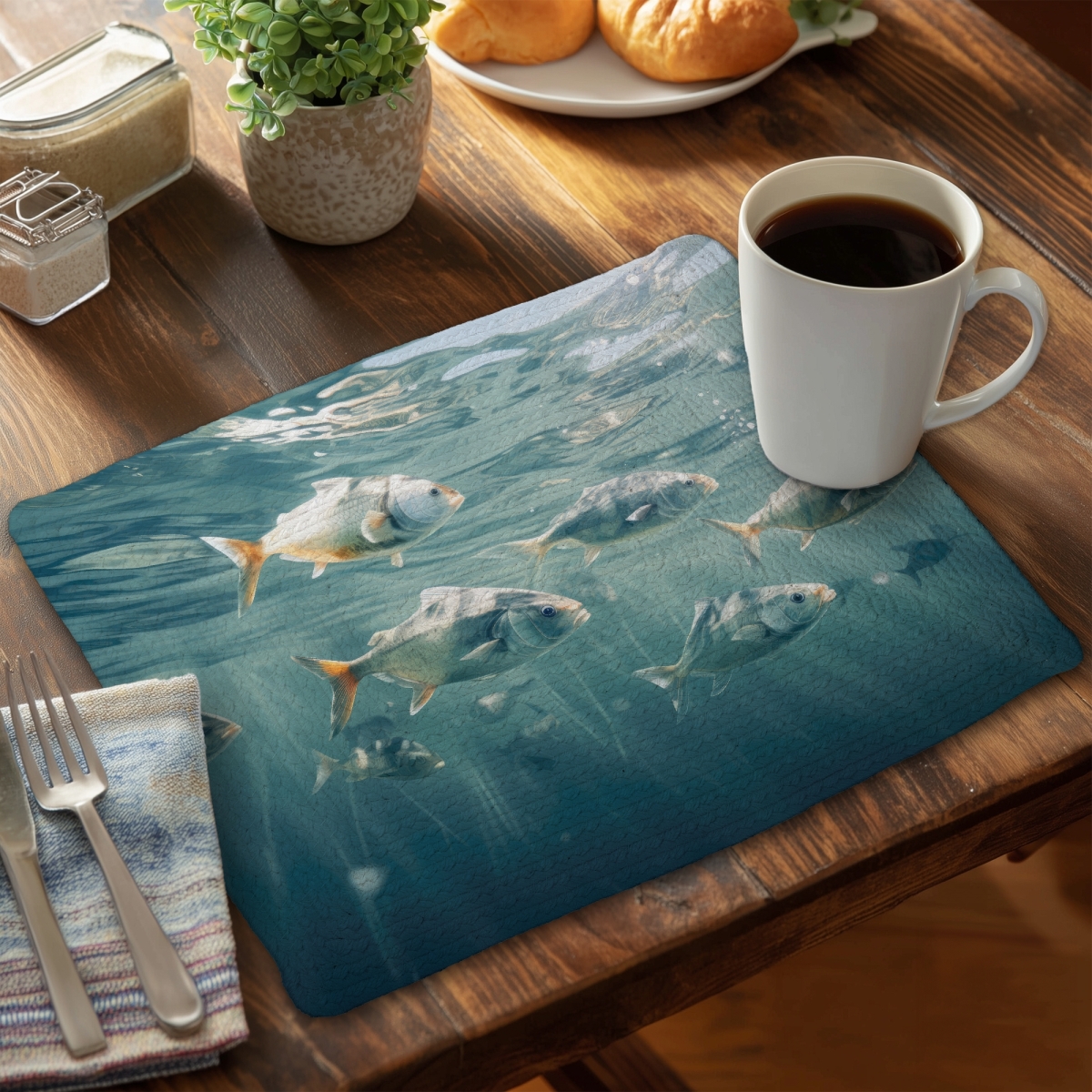 Picture of MWW CBPM14189KIE2O 14 x 18 in. Swimming Peacefully Blue Braided Polyester Placemat - Home Decor