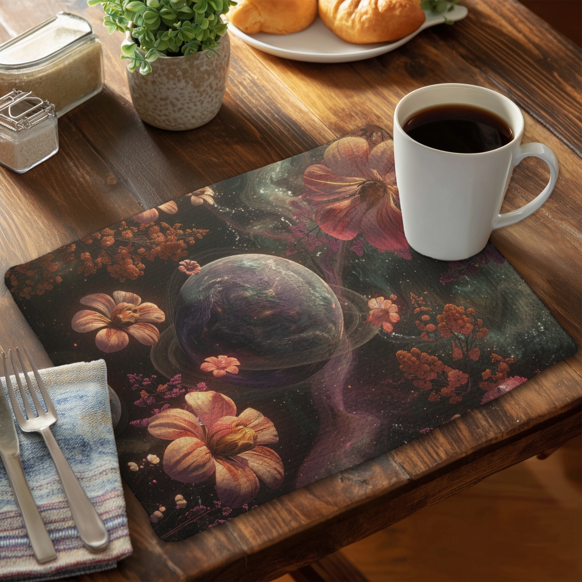 Picture of MWW CBPM1418C7J6G7 14 x 18 in. Flower Space Black Braided Polyester Placemat for Home Decor