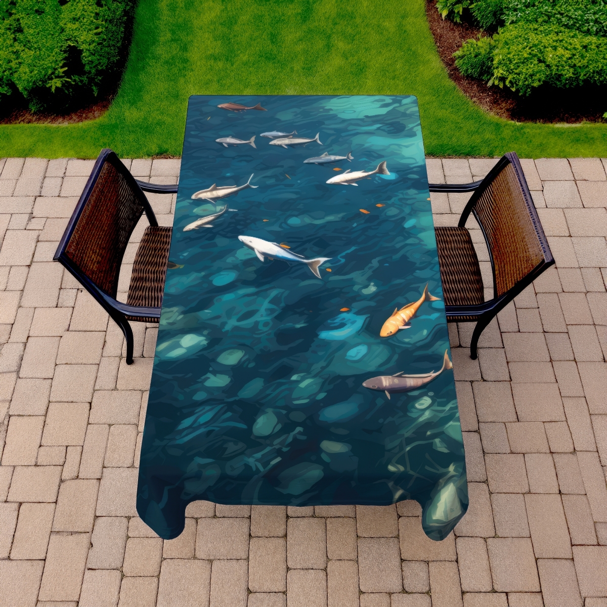 Picture of MWW C1TCLRGEBBQZH4 58 x 102 in. Swim Ahead Blue Indoor & Outdoor Tablecloth for Home Decor