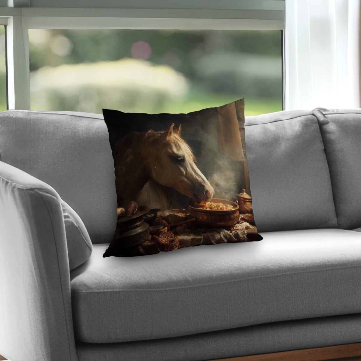 Concius Sales C1PC18189RH6G2 18 x 18 in. Horse on Soup Poly Twill Throw - Stylish Home Decor Accent - Insert NOT included