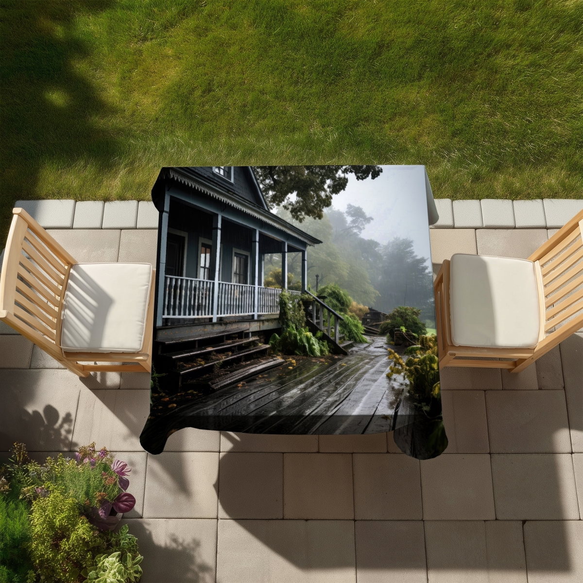 Picture of MWW C1TC5858K7X2R7 58 x 58 in. Rainy Porch Green Indoor & Outdoor Tablecloth for Home Decor