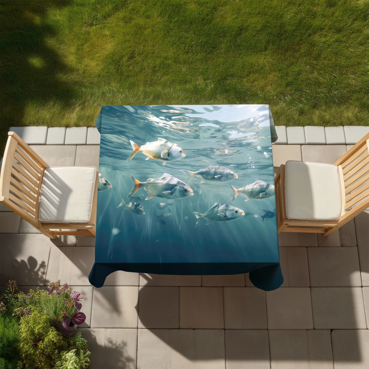 Picture of MWW C1TC5858SBFP43 58 x 58 in. Swimming Peacefully - White Indoor & Outdoor Tablecloth for Decor