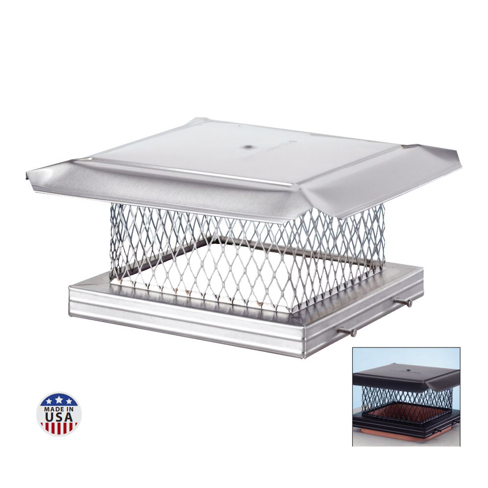 03559259 15 x 15 in. Homesaver Pro Stainless Steel Single-Flue Chimney Cap, 0.75 in. Mesh, 8 in. Screen, 304-Alloy