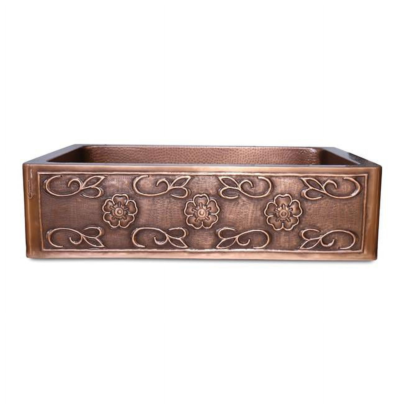 CKSSBTFPFA33.22.9 Single Bowl Three Flowers & Petals front Apron Antique Copper Kitchen Sink -  Coppersmith Creations