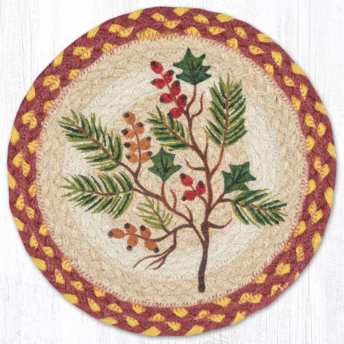 Picture of Earth Rug 80-357BEH 10 x 10 in. MSPR-357 Berries Evergreen Holly Printed Braided Round Trivet&#44; Multi Color