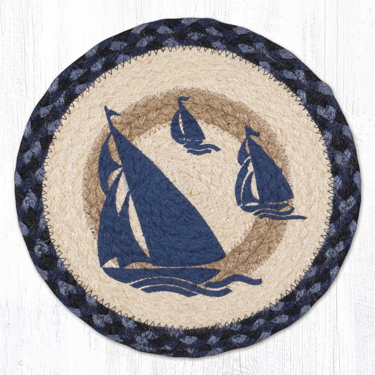 Picture of Earth Rug 80-443BB 10 x 10 in. MSPR-443 Blue Boat Printed Braided Round Trivet, Multi Color