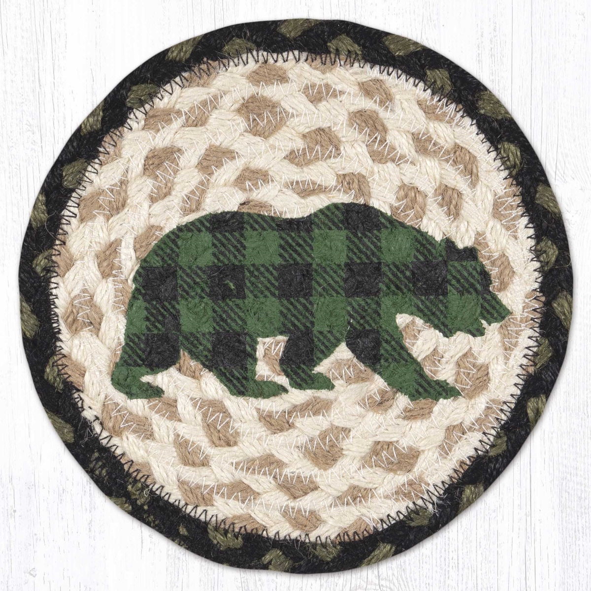 79-116GPB 7 x 7 in. Green Plaid Bear Braided Round Large Coaster, Multi Color