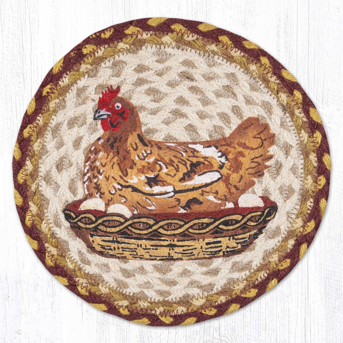 80-357HN 10 x 10 in. MSPR-357 Hen on Nest Printed Braided Round Trivet, Multi Color