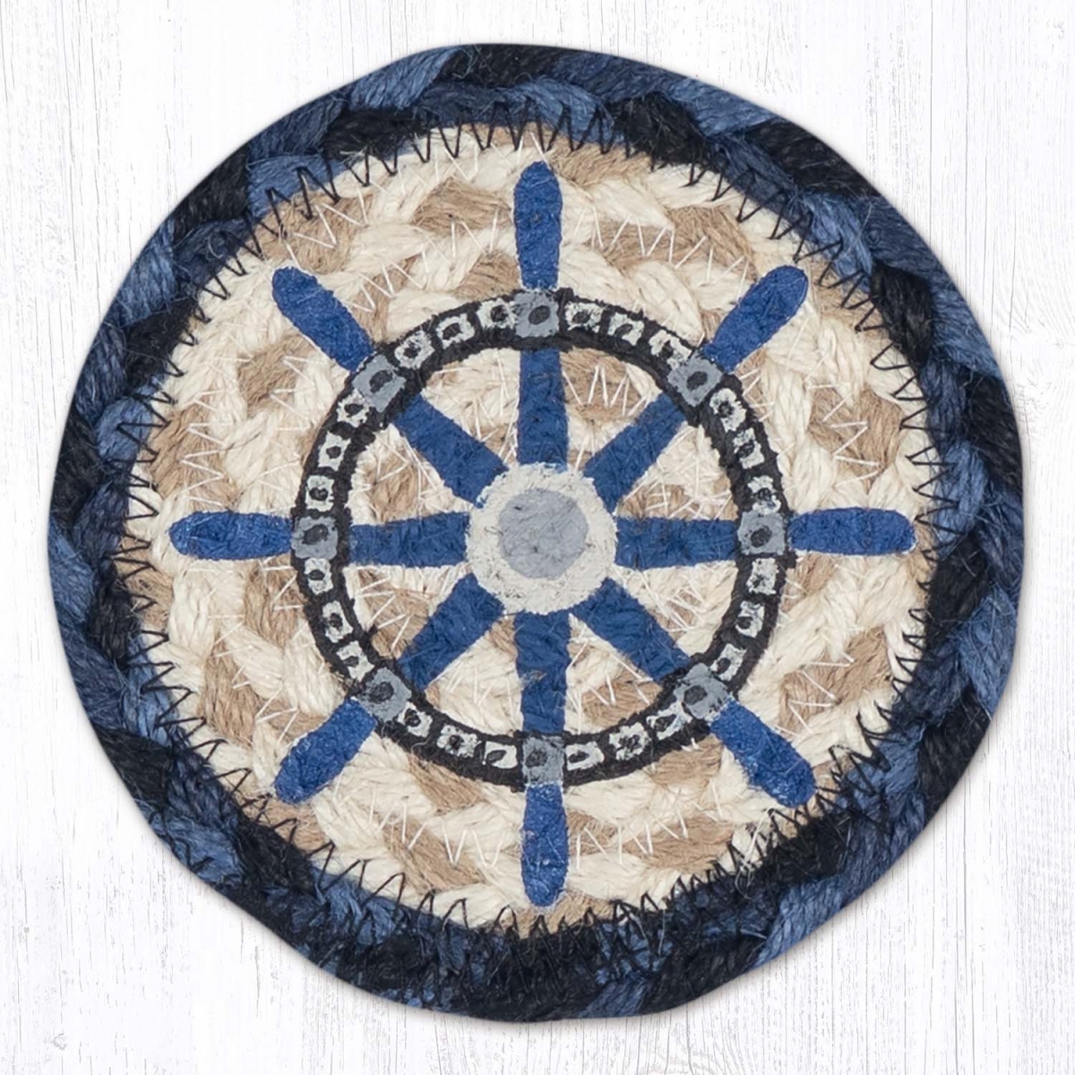 Picture of Earth Rug 31-IC443NWW 5 x 5 in. Nautical White Ship Wheel Printed Braided Coaster, Multi Color