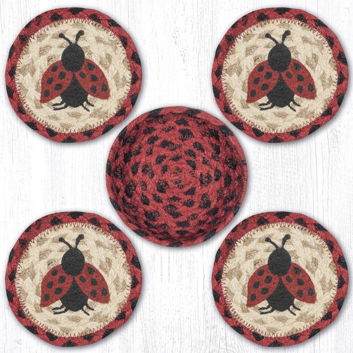 Picture of Earth Rug 29-CB396L 5 x 5 in. Ladybug Braided Coasters in a Basket, Multi Color