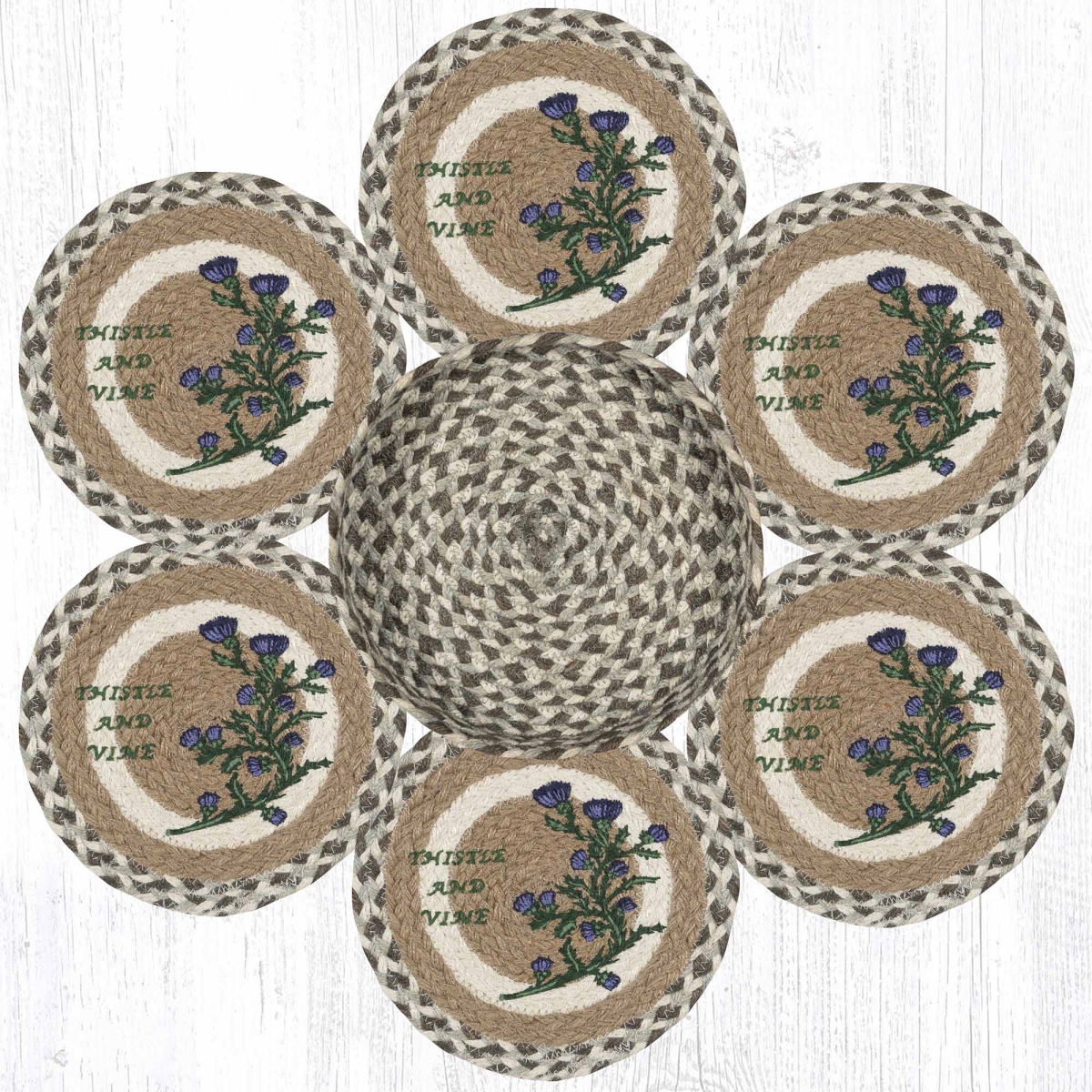 Picture of Earth Rug 56-826TV 10 x 10 in. TNB-826 Thistle & Vine Braided Trivets in a Basket&#44; Multi Color