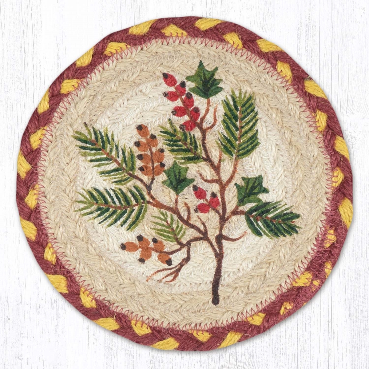 Picture of Earth Rug 79-357BEH 7 x 7 in. Berries Evergreen Holly Braided Round Large Coaster, Multi Color