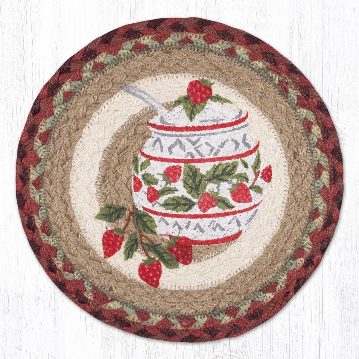Picture of Earth Rug 80-390JJS 10 x 10 in. MSPR-390 Jam Jar Strawberry Printed Braided Round Trivet&#44; Multi Color