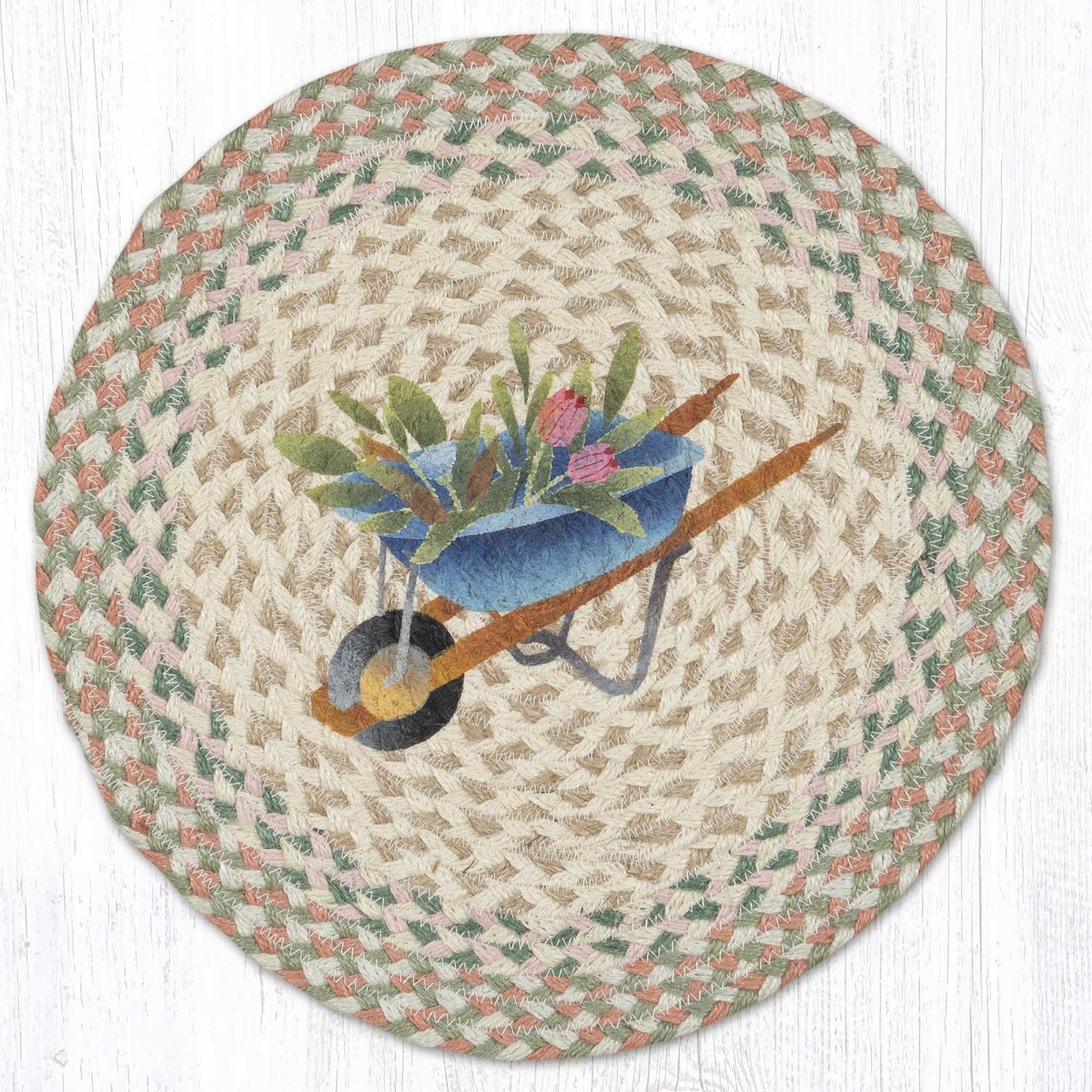 Picture of Earth Rug 57-654TW 15 x 15 in. Tulips Wheelbarrow Printed Braided Round Placemat&#44; Multi Color