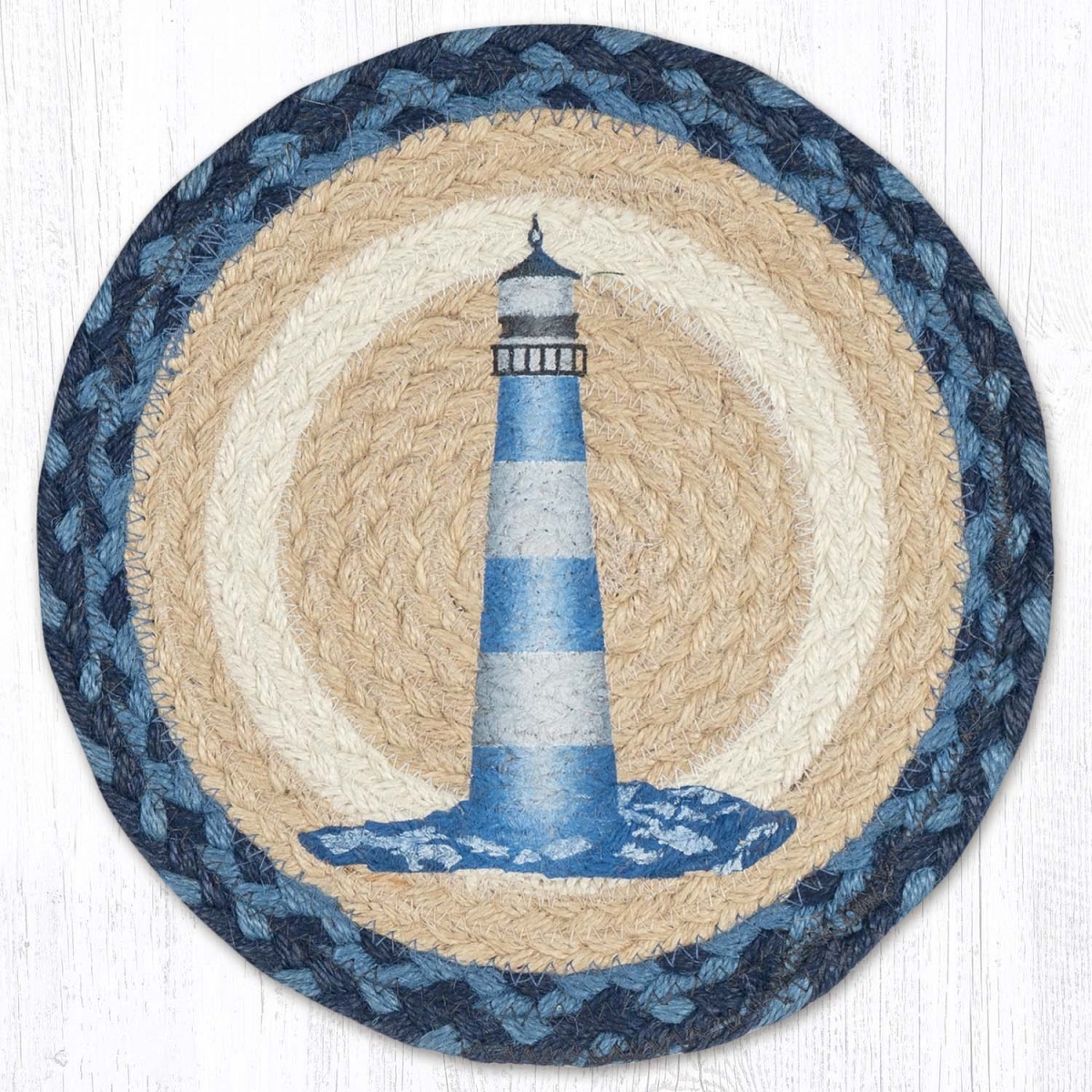 Picture of Earth Rug 80-362BWL 10 x 10 in. MSPR-362 Blue & White Lighthouse Printed Braided Round Trivet&#44; Multi Color