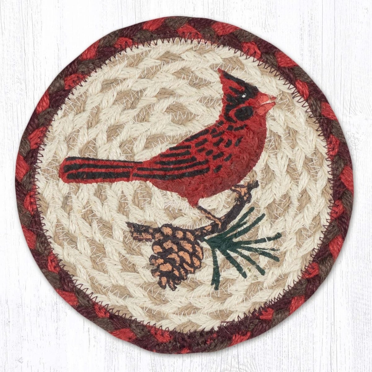 79-417CP 7 x 7 in. Cardinal Pinecone Braided Round Large Coaster, Multi Color