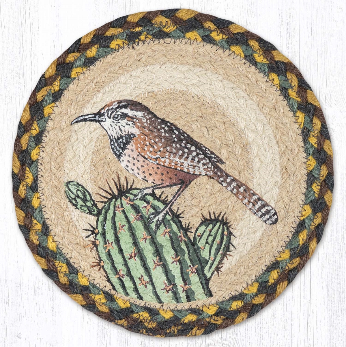 Picture of Earth Rug 80-051CWB 10 x 10 in. MSPR-51 Cactus Wren Bird Printed Braided Round Trivet&#44; Multi Color