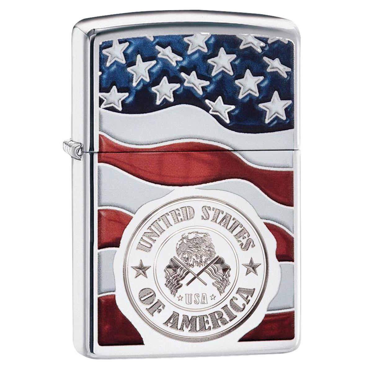 USA Flag High Polish Chrome Lighter - Chrome - Classic Case - Windproof Design