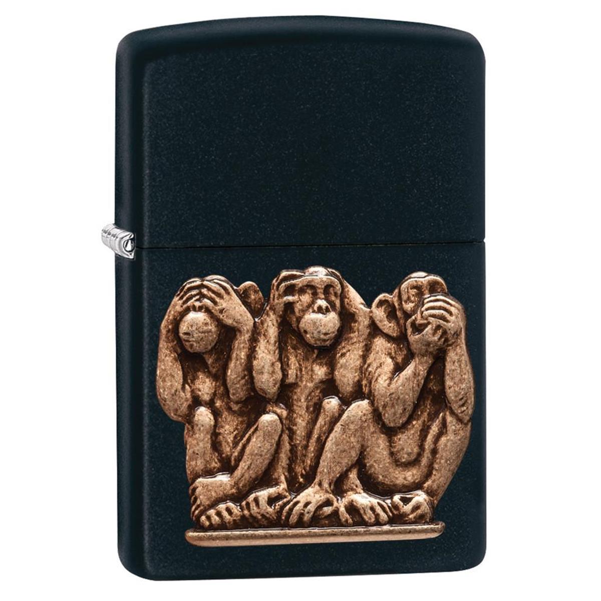 Black Matte Lighter with 3 Monkeys Emblem - Classic Windproof Design