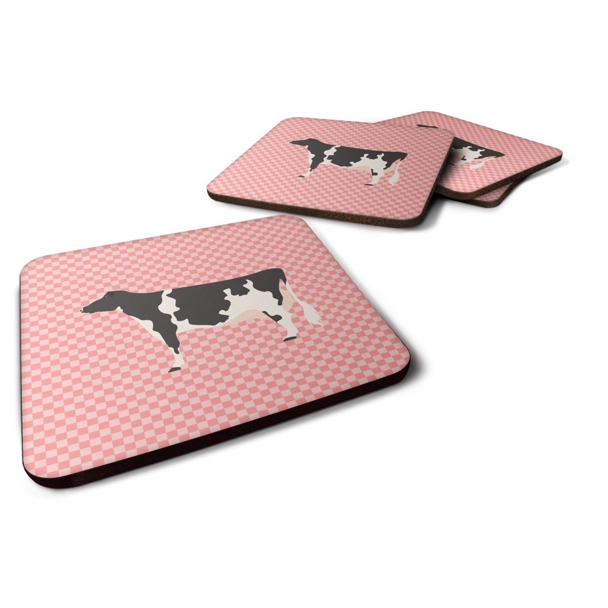 BB7822FC Holstein Cow Pink Check Foam Coaster, Set of 4