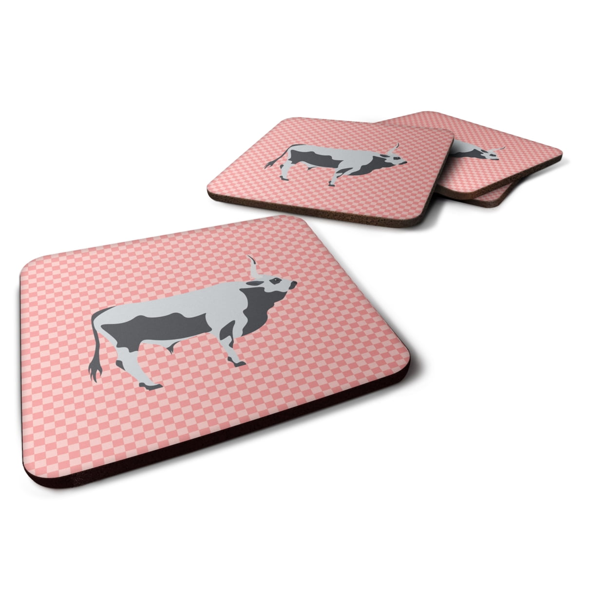 BB7824FC Hungarian Grey Steppe Cow Pink Check Foam Coaster, Set of 4