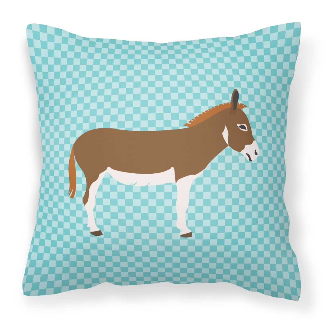 Miniature Mediterranian Donkey Blue Check Fabric Decorative Pillow - 14 x 14 in.