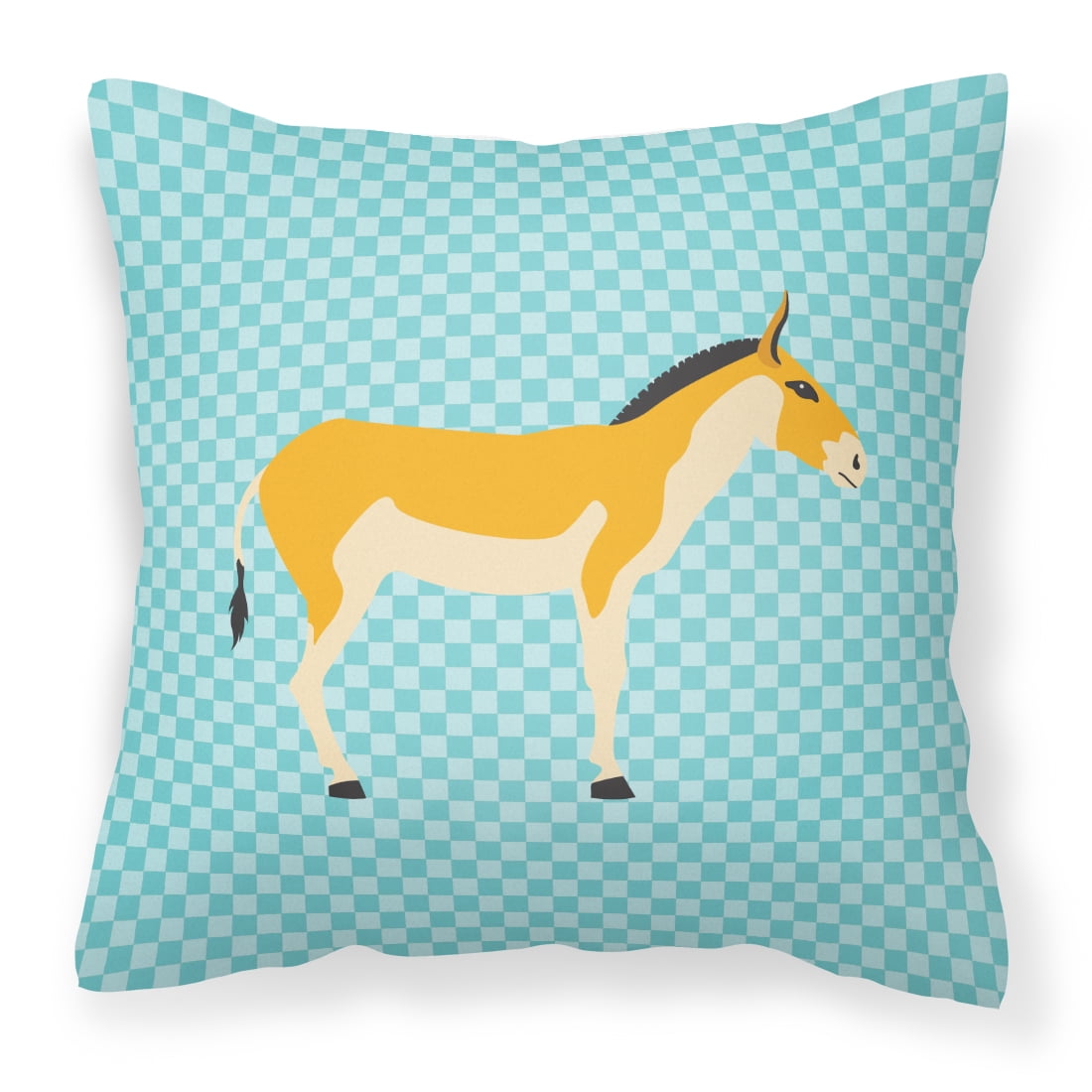 Turkmenian Kulan Donkey Blue Check Fabric Decorative Pillow - 14 x 14 in.