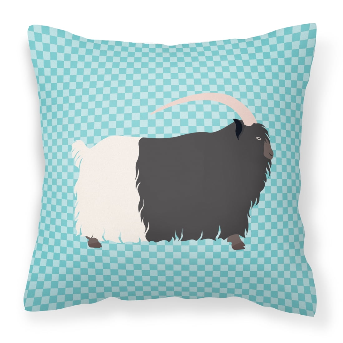Welsh Black-Necked Goat Blue Check Fabric Decorative Pillow 14 x 14 in.
