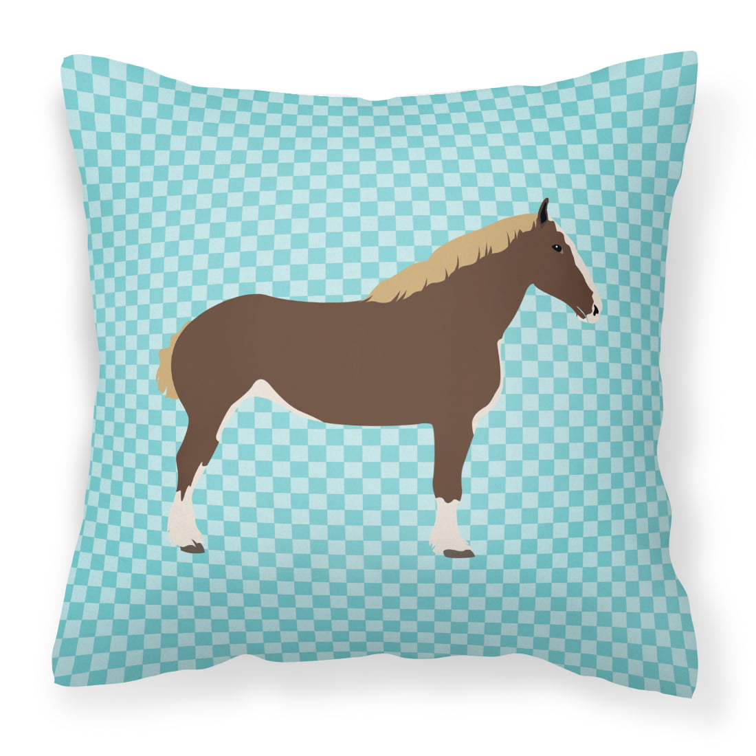 Percheron Horse Blue Check Fabric Decorative Pillow - 14 x 14 in.