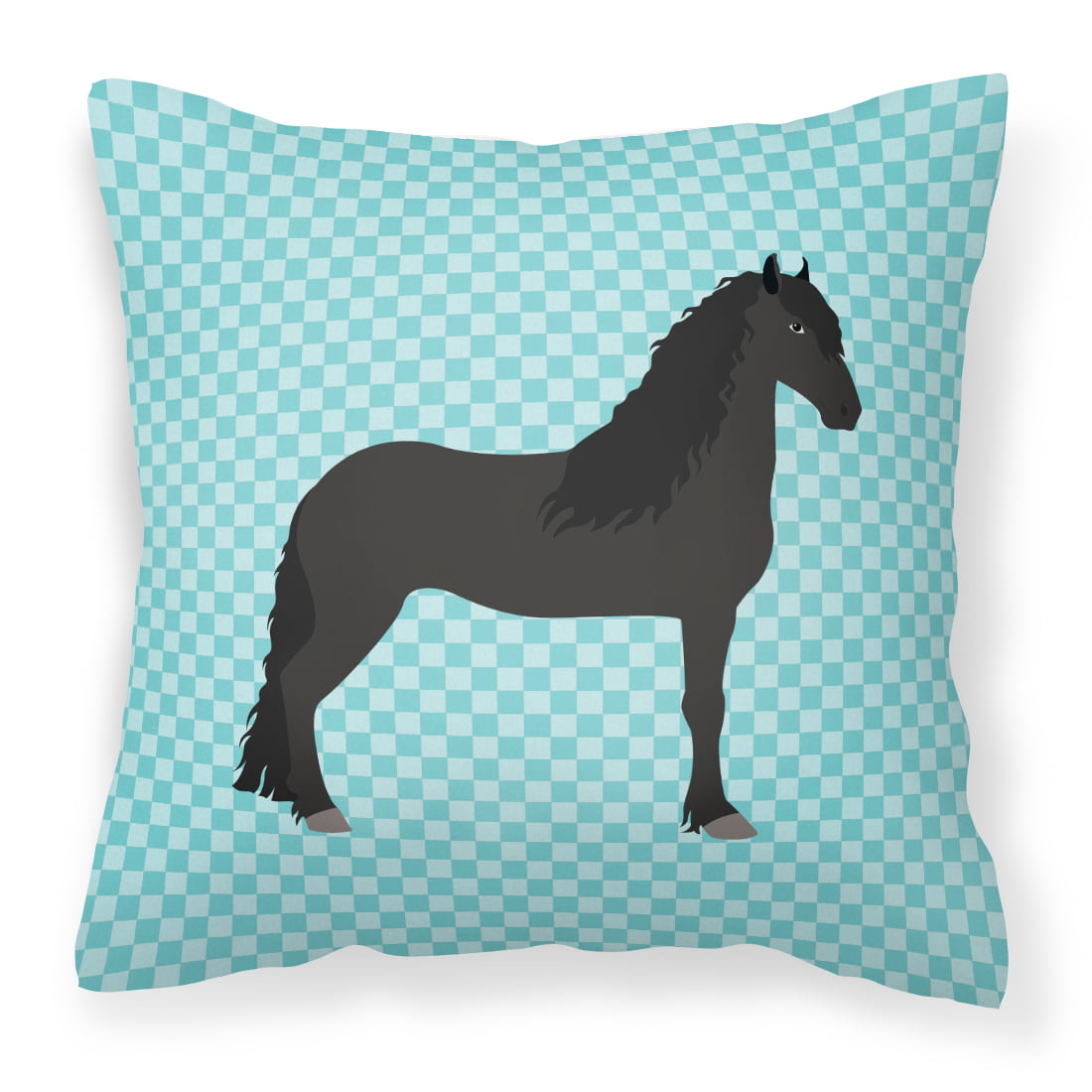 Friesian Horse Blue Check Fabric Decorative Pillow - 14 x 14 in.
