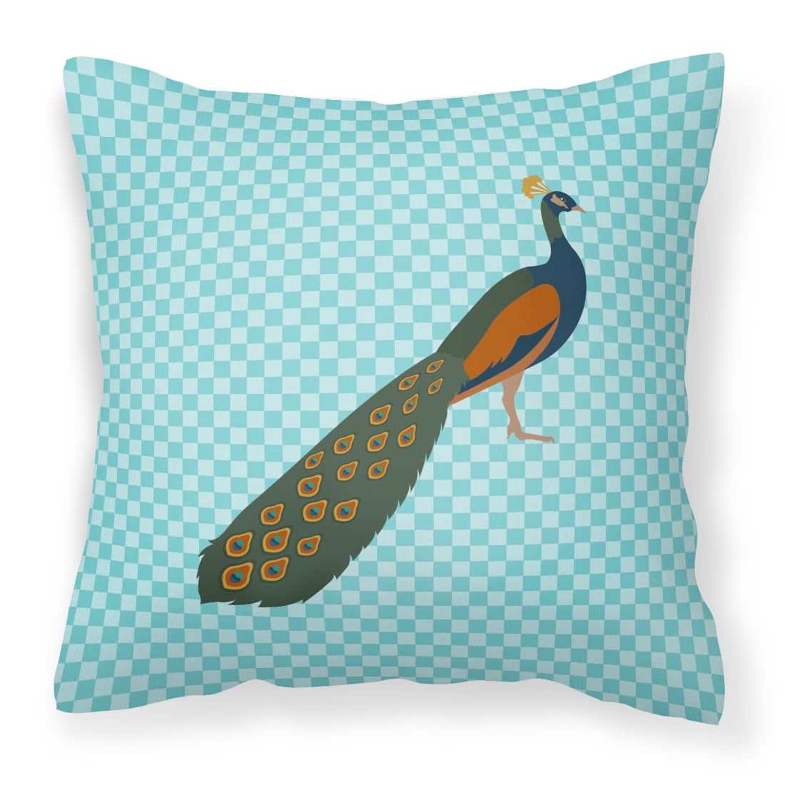 BB8099PW1414 Indian Peacock Peafowl Blue Check Fabric Decorative Pillow, 14 x 14 in.