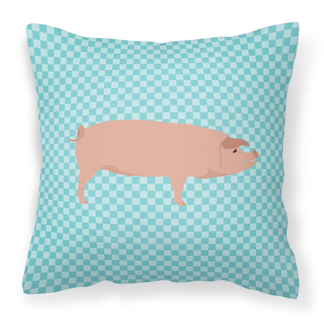 American Landrace Pig Blue Check Fabric Decorative Pillow - 14 x 14 in.