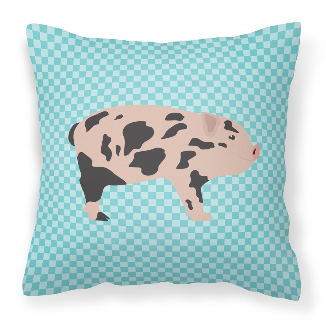 Mini Miniature Pig Blue Check Fabric Decorative Pillow - 14 x 14 in.