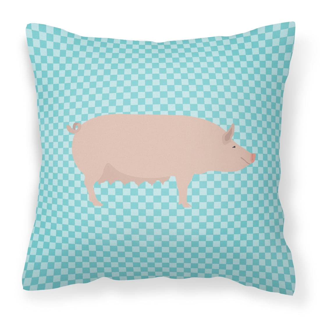 English Large White Pig Blue Check Fabric Decorative Pillow, 14 x 14 in.