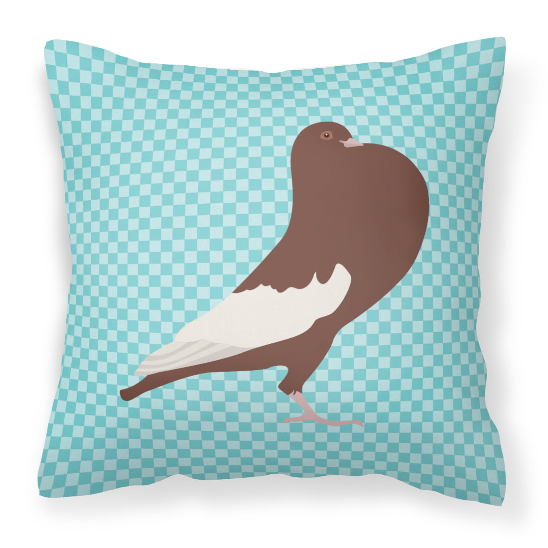 English Pouter Pigeon Blue Check Fabric Decorative Pillow - 14 x 14 in.