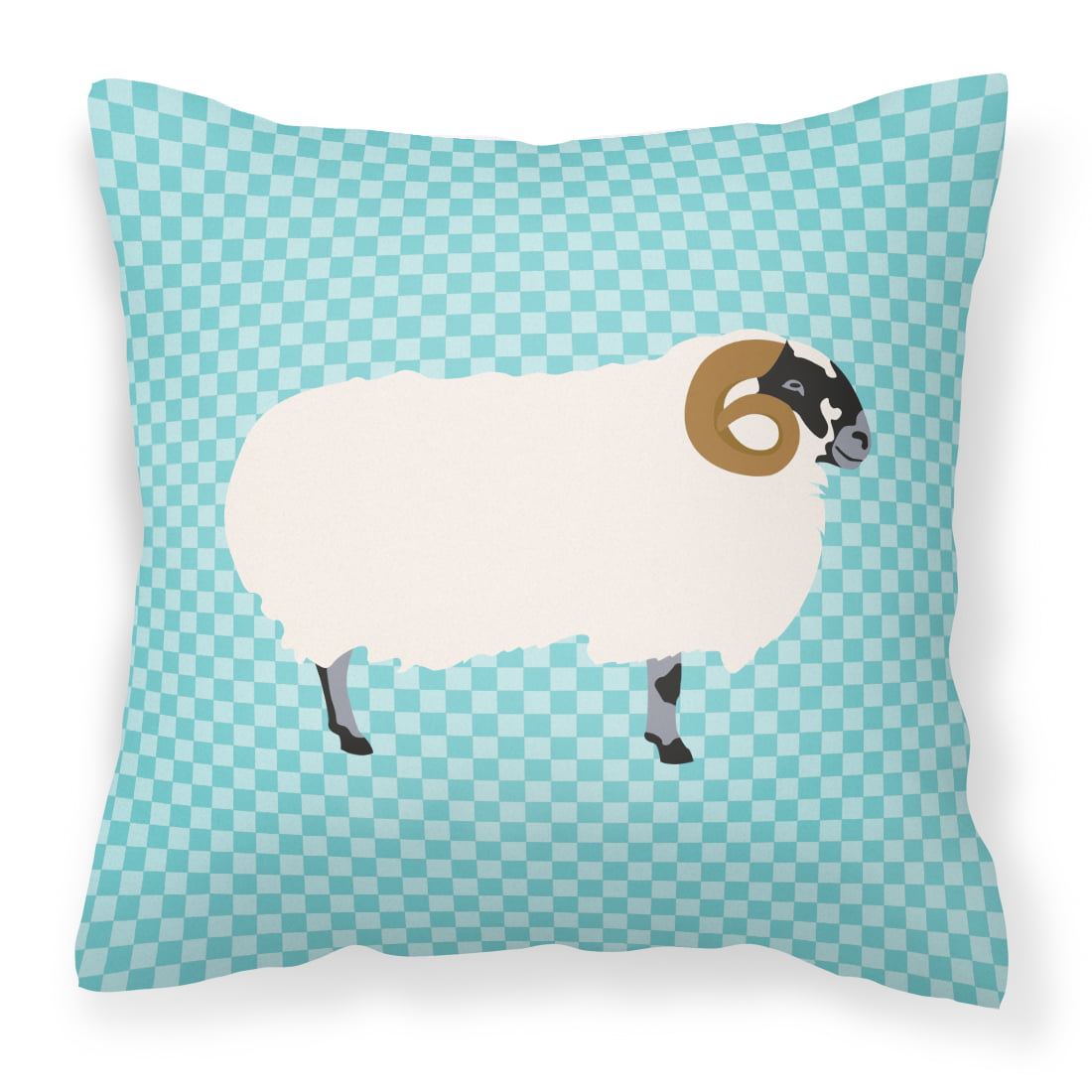 Scottish Blackface Sheep Blue Check Fabric Decorative Pillow - 14 x 14 in.
