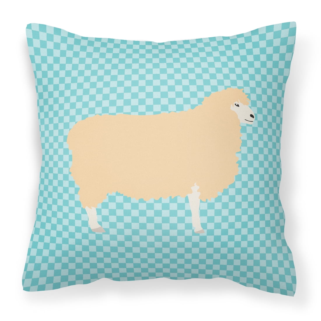 English Leicester Longwool Sheep Blue Check Fabric Decorative Pillow - 14 x 14 in.