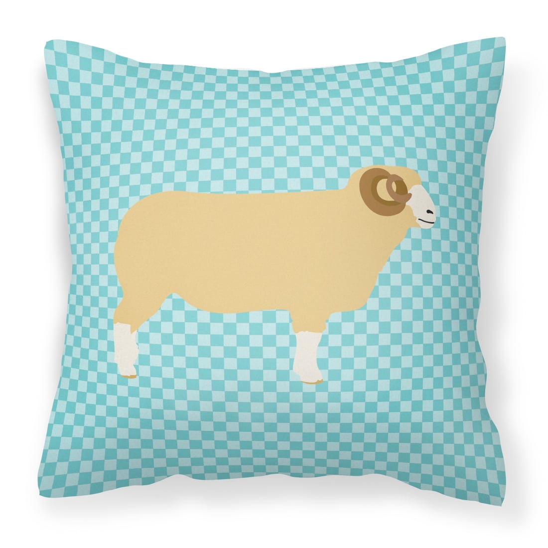 Horned Dorset Sheep Blue Check Fabric Decorative Pillow - 14 x 14 in.