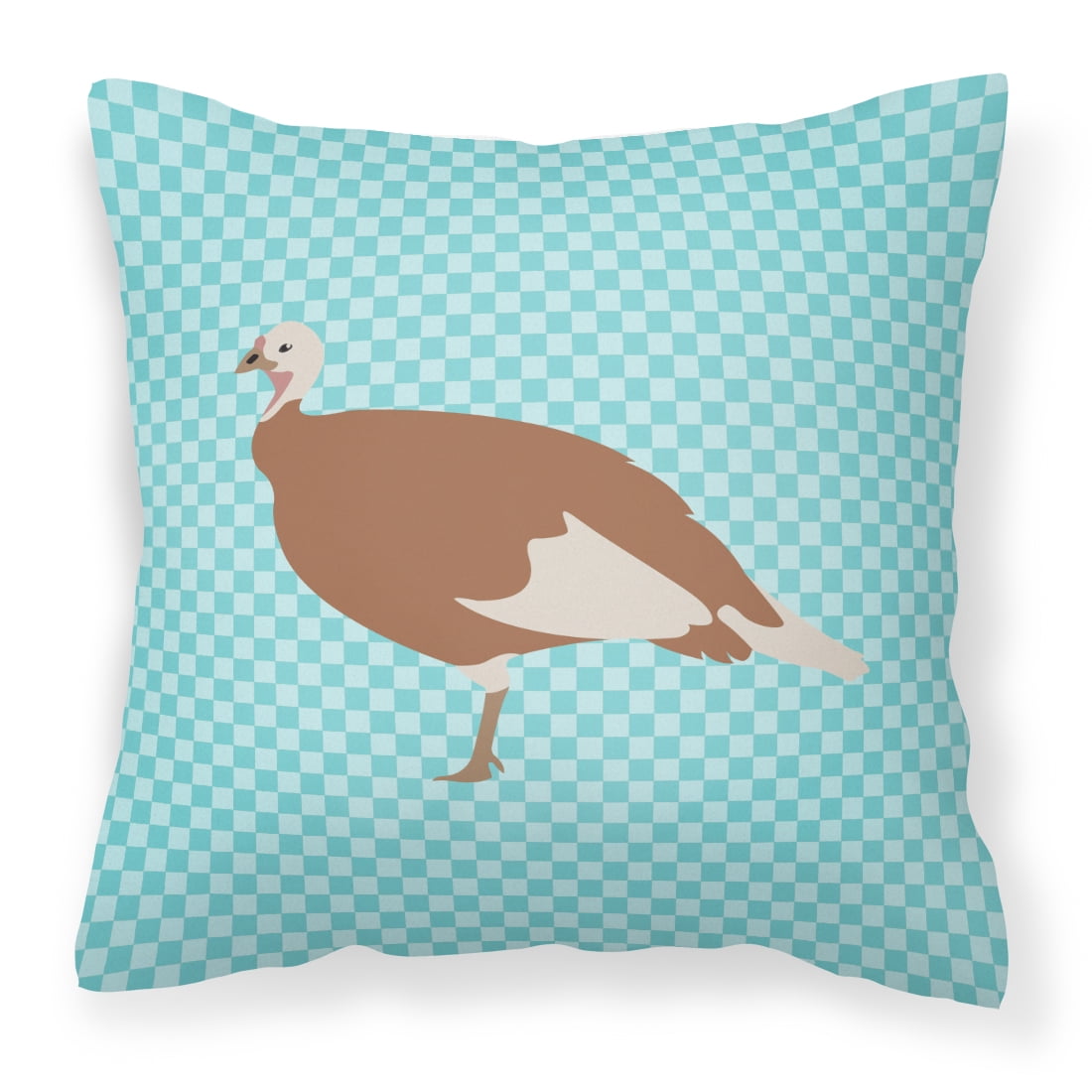 Jersey Buff Turkey Hen Blue Check Fabric Decorative Pillow - 14 x 14 in.