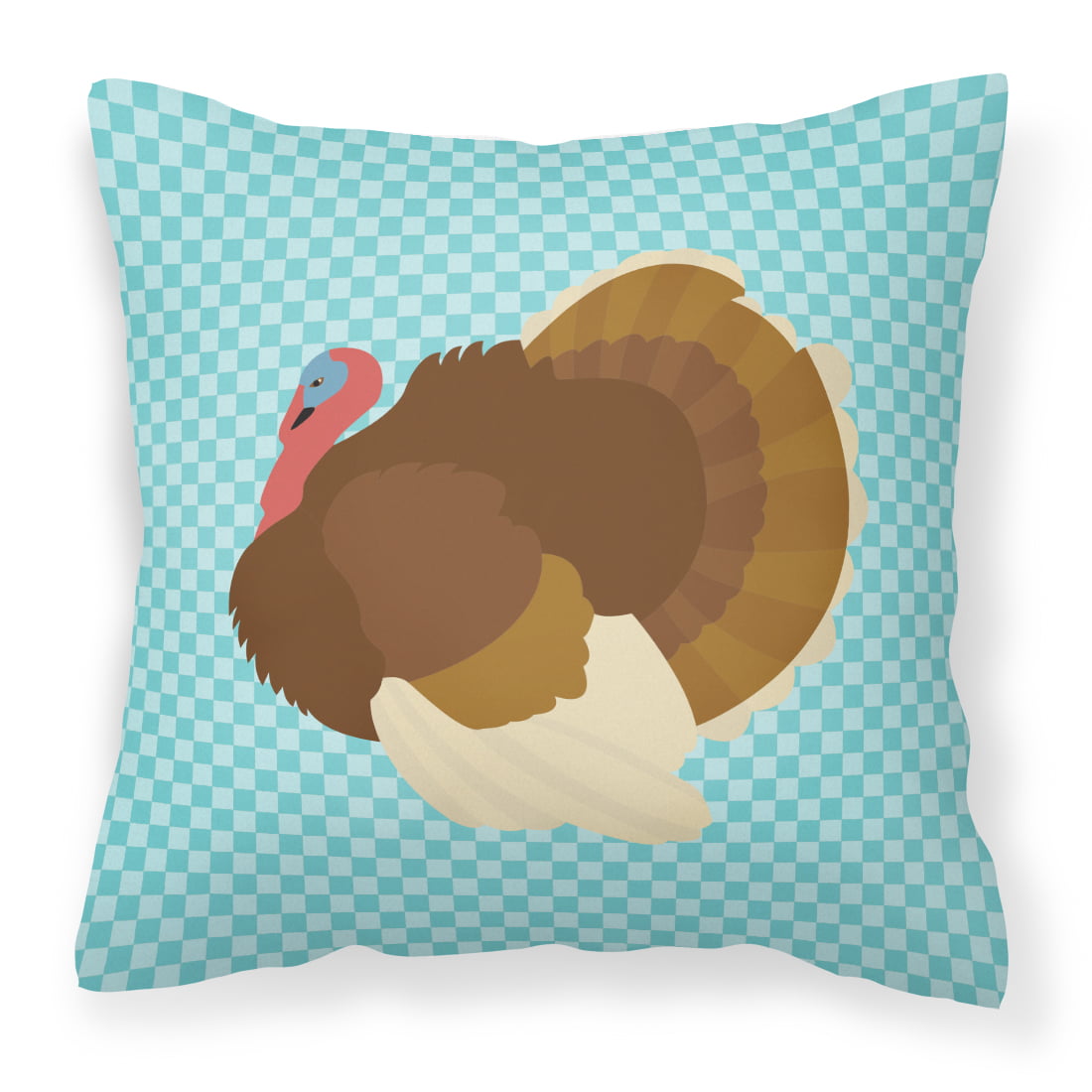 French Turkey Dindon Blue Check Fabric Decorative Pillow - 14 x 14 in.